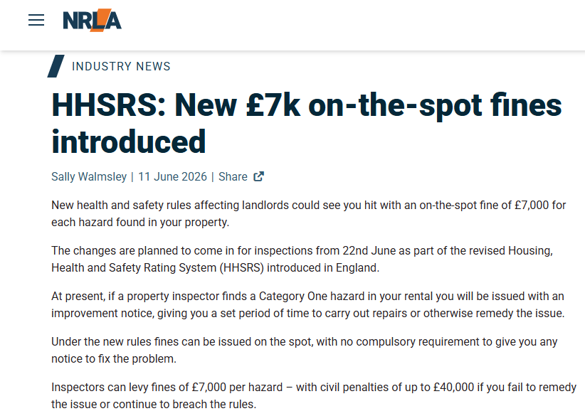 NRLA Warns! HHSRS New £7k on-the-spot fines introduced